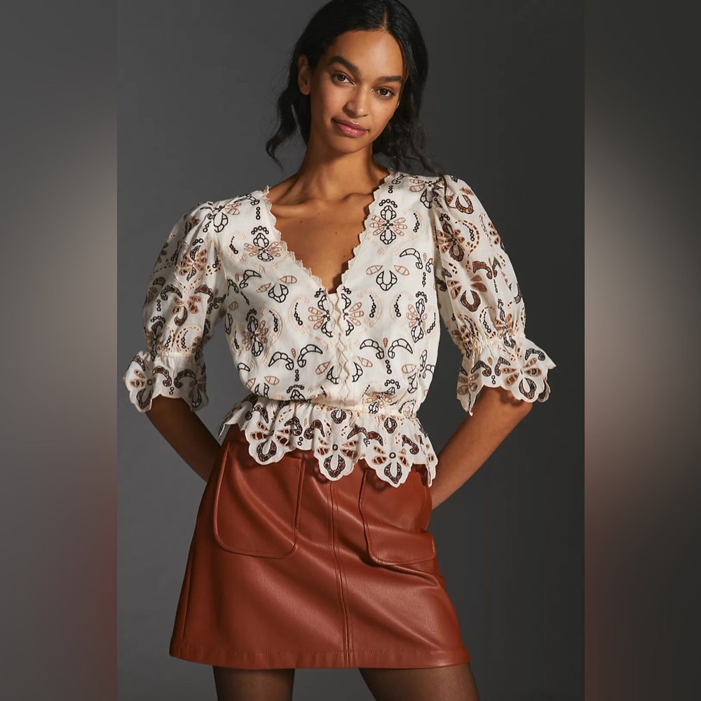 Anthropologie Ivory Embroidered Eyelet Blouse NWT